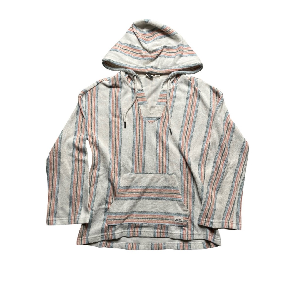 Roxy Striped Hoodie Pullover‎ Poncho Beach Cover Up Sweatshirt Women's M